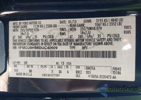 2013 Ford Escape Sel from USA, damaged, VIN 1FMCU9H98DUC40609